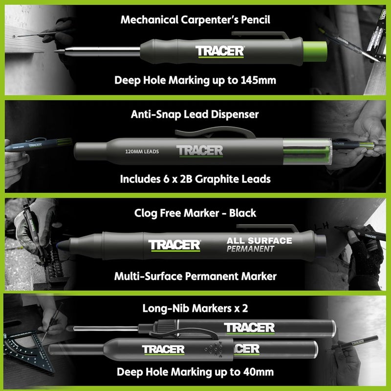Tracer 5 Piece Construction Marker Kit with Storage Case - Carpenter's Pencil, 2 x Long Nib Markers, Clog-free Marker and Replacement Leads Dispenser - Image 2
